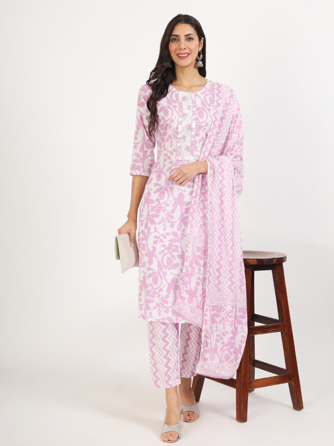 Purple Floral Print Cotton Kurta Pant With Dupatta Set For Women | LASVINI - Redefining Indian Fashion with Elegance
