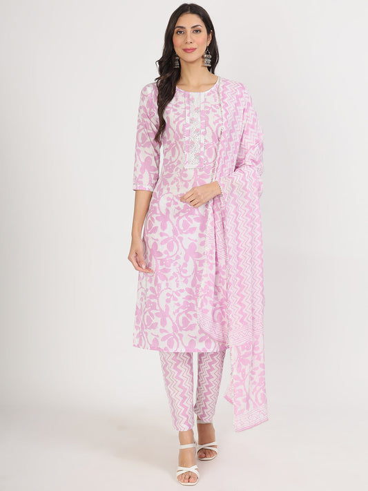 Purple Floral Print Cotton Kurta Pant With Dupatta Set For Women | LASVINI - Redefining Indian Fashion with Elegance