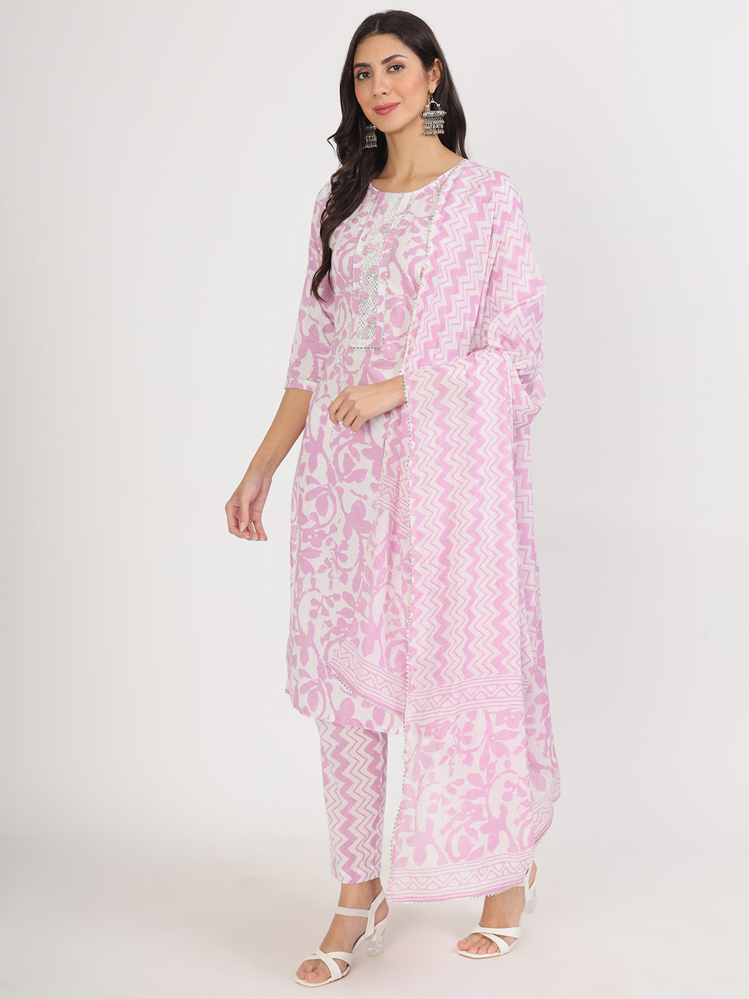 Purple Floral Print Cotton Kurta Pant With Dupatta Set For Women | LASVINI - Redefining Indian Fashion with Elegance