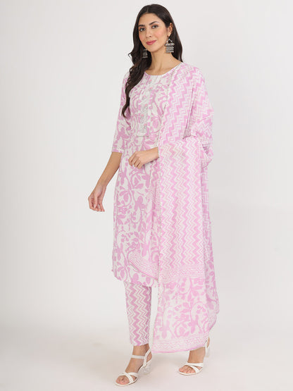 Purple Floral Print Cotton Kurta Pant With Dupatta Set For Women | LASVINI - Redefining Indian Fashion with Elegance