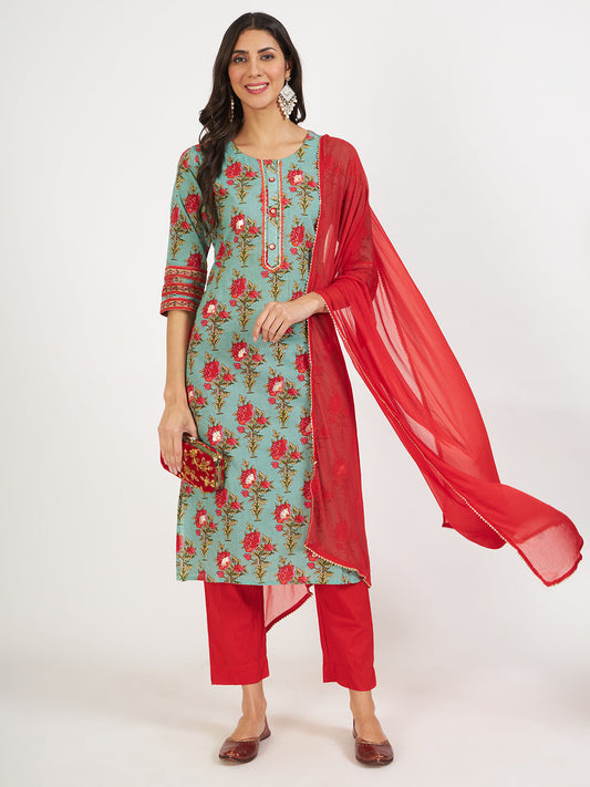 Green Floral Print Cotton Kurta Pant With Dupatta Set For Women | LASVINI - Redefining Indian Fashion with Elegance