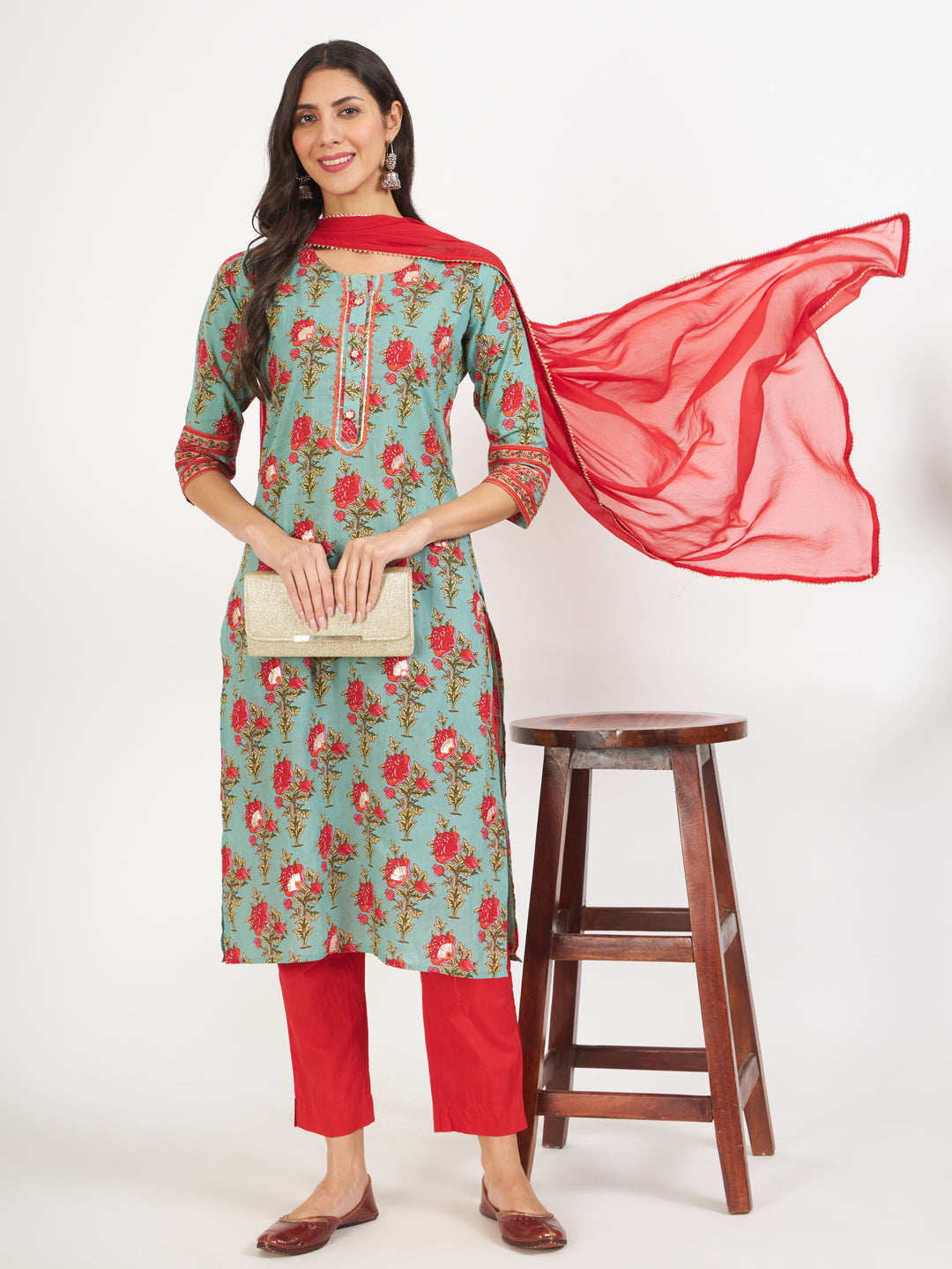 Green Floral Print Cotton Kurta Pant With Dupatta Set For Women | LASVINI - Redefining Indian Fashion with Elegance