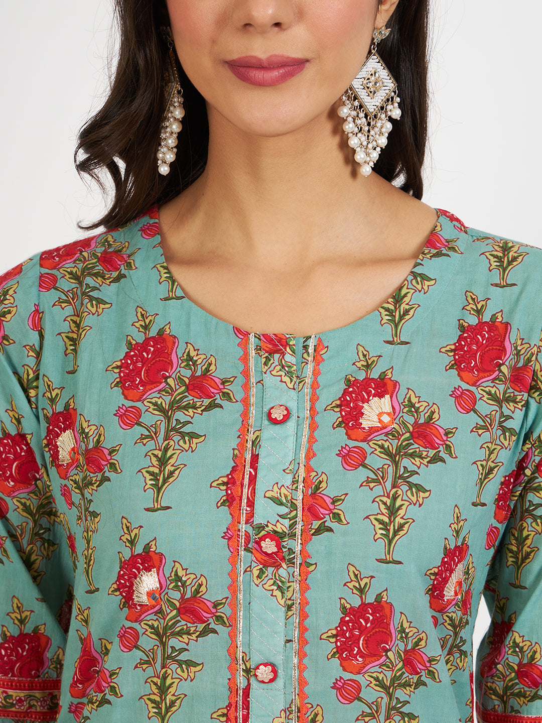 Green Floral Print Cotton Kurta Pant With Dupatta Set For Women | LASVINI - Redefining Indian Fashion with Elegance