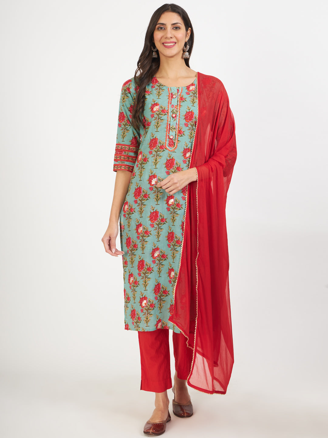 Green Floral Print Cotton Kurta Pant With Dupatta Set For Women | LASVINI - Redefining Indian Fashion with Elegance