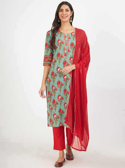 Green Floral Print Cotton Kurta Pant With Dupatta Set For Women | LASVINI - Redefining Indian Fashion with Elegance