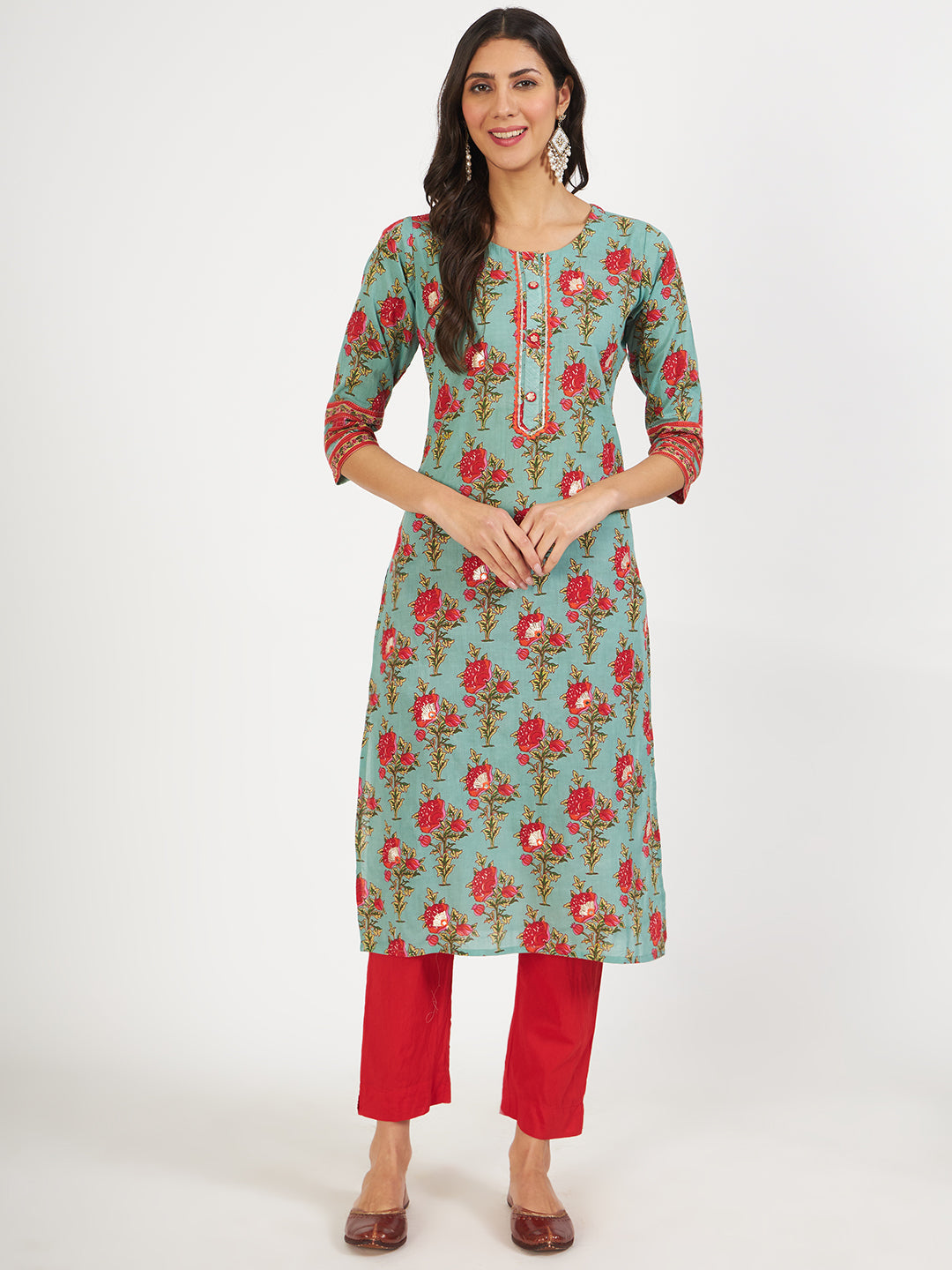 Green Floral Print Cotton Kurta Pant With Dupatta Set For Women | LASVINI - Redefining Indian Fashion with Elegance