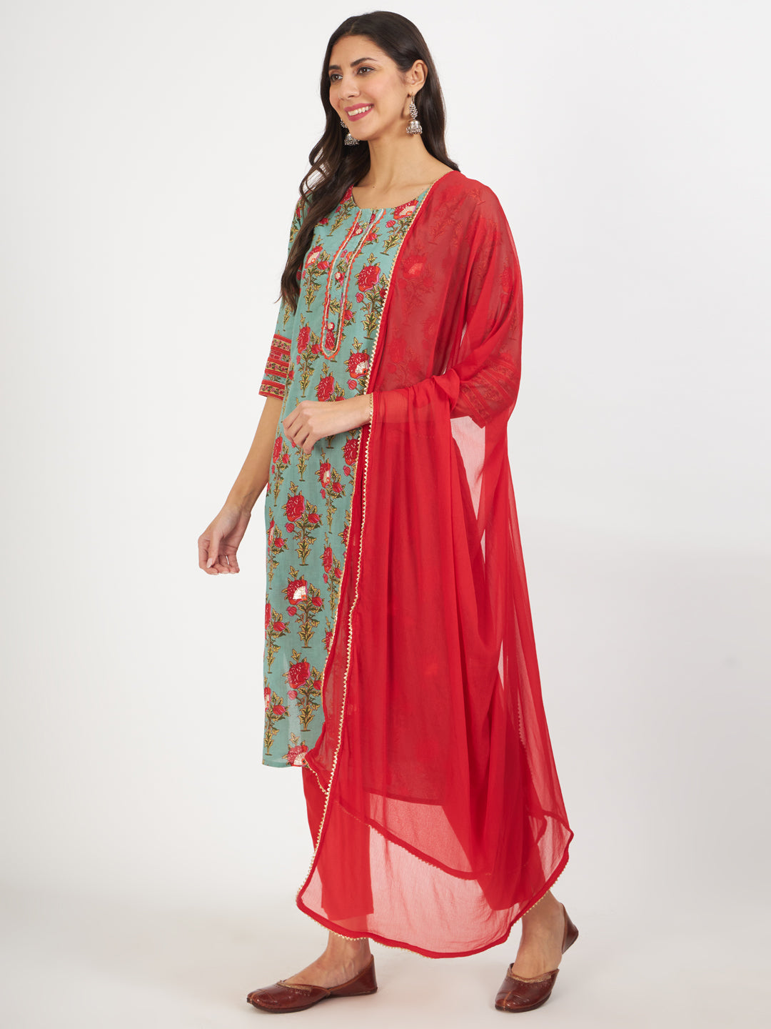 Green Floral Print Cotton Kurta Pant With Dupatta Set For Women | LASVINI - Redefining Indian Fashion with Elegance