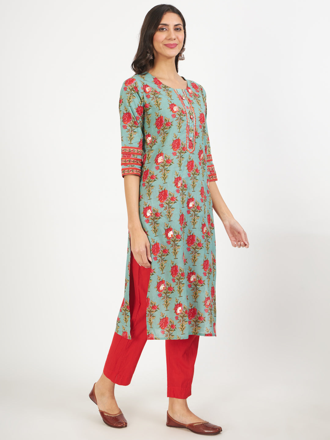 Green Floral Print Cotton Kurta Pant With Dupatta Set For Women | LASVINI - Redefining Indian Fashion with Elegance