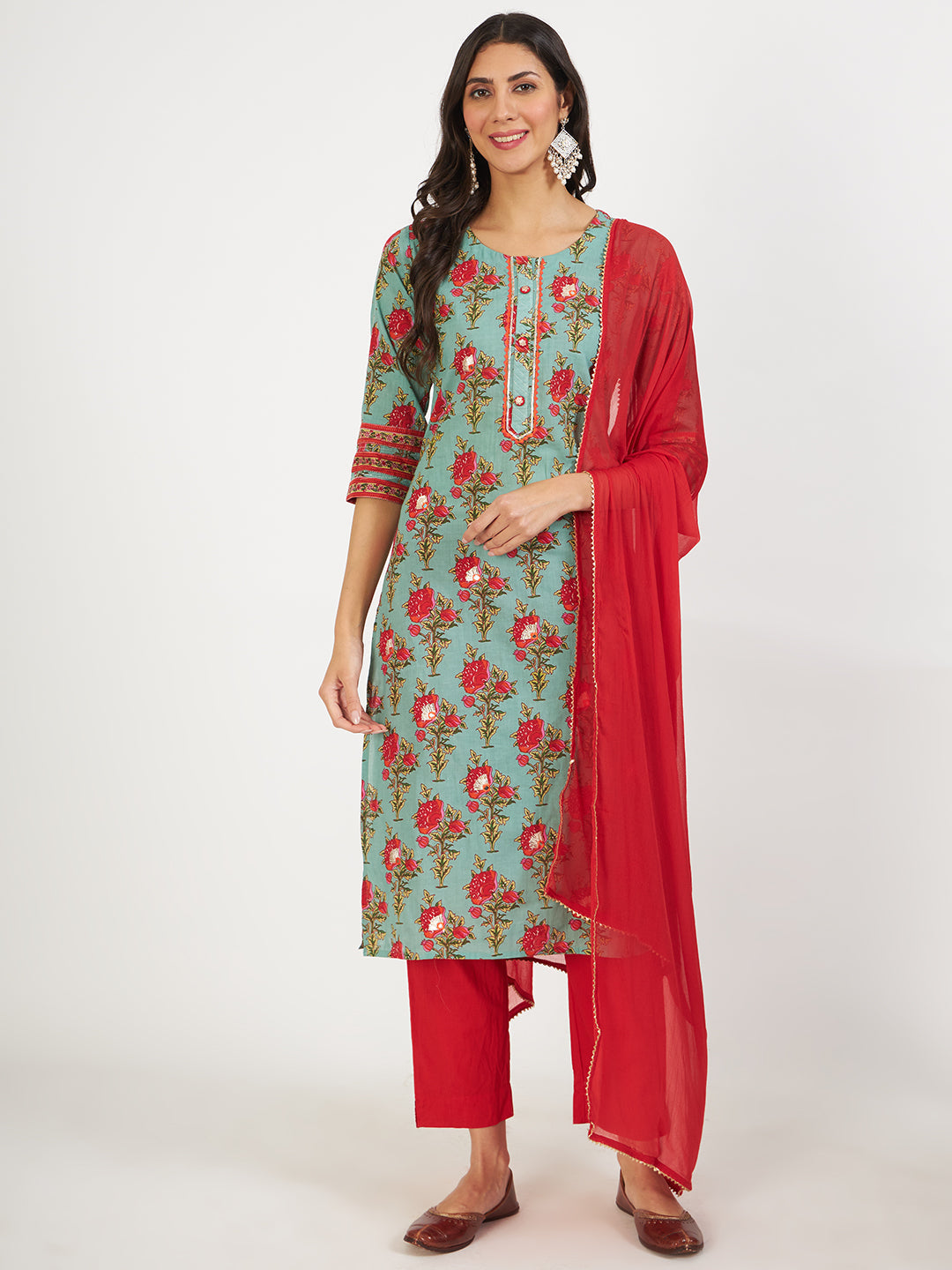Green Floral Print Cotton Kurta Pant With Dupatta Set For Women | LASVINI - Redefining Indian Fashion with Elegance