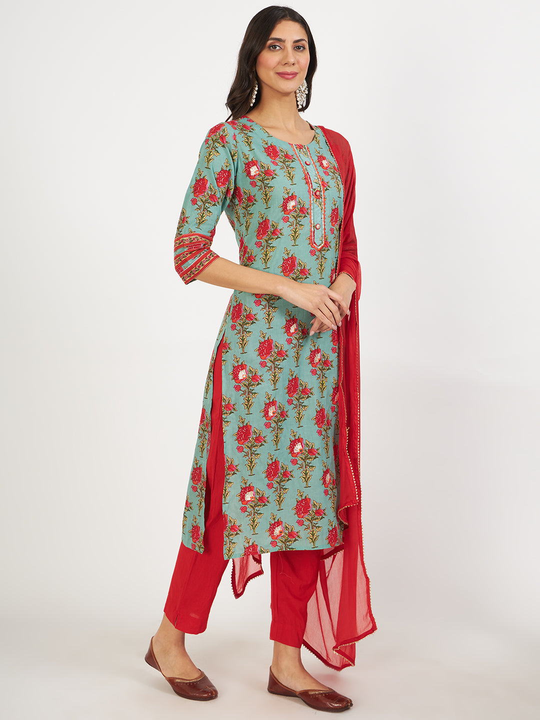 Green Floral Print Cotton Kurta Pant With Dupatta Set For Women | LASVINI - Redefining Indian Fashion with Elegance