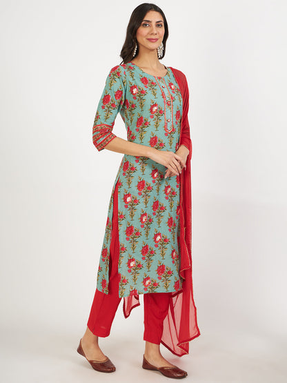 Green Floral Print Cotton Kurta Pant With Dupatta Set For Women | LASVINI - Redefining Indian Fashion with Elegance