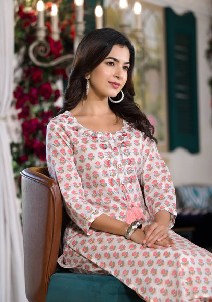 White & Pink Floral Printed Cotton Kurta With Trouser | LASVINI - Redefining Indian Fashion with Elegance