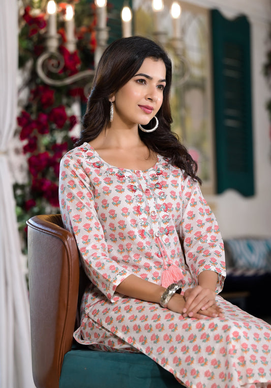 White & Pink Floral Printed Cotton Kurta With Trouser | LASVINI - Redefining Indian Fashion with Elegance