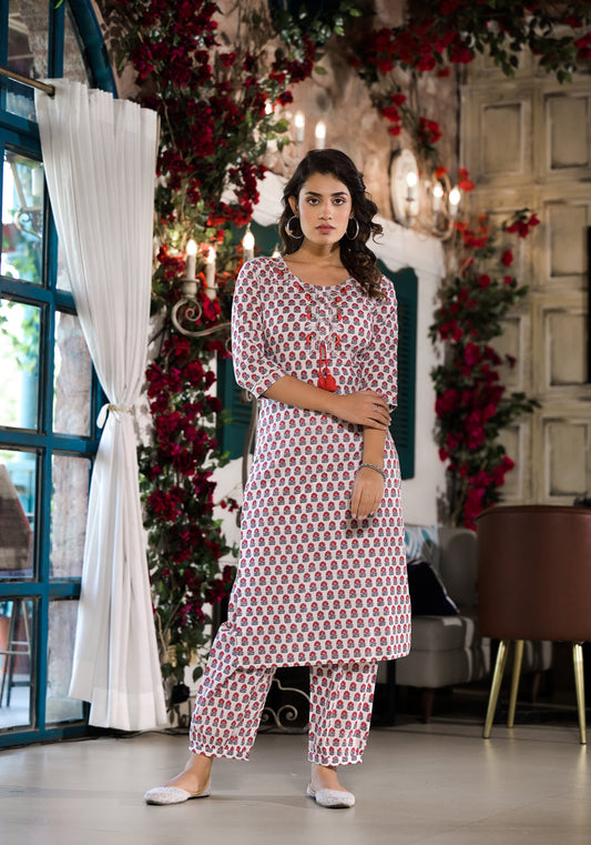 White & Red Floral Printed Cotton Kurta With Trouser | LASVINI - Redefining Indian Fashion with Elegance