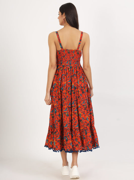 Women Red Floral Printed Cotton Dress | LASVINI - Redefining Indian Fashion with Elegance