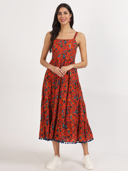 Women Red Floral Printed Cotton Dress | LASVINI - Redefining Indian Fashion with Elegance