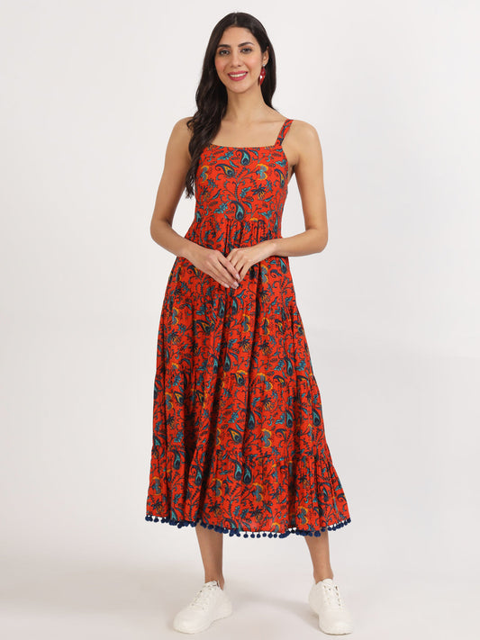 Women Red Floral Printed Cotton Dress | LASVINI - Redefining Indian Fashion with Elegance