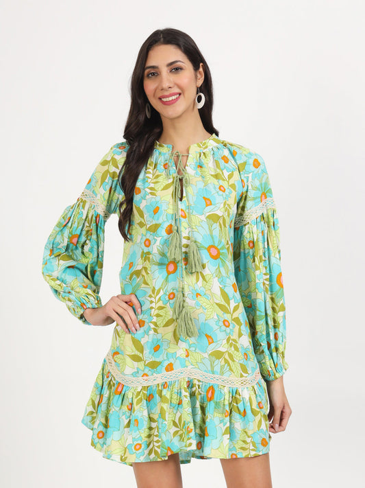 Women Green Floral Printed Rayon Dress | LASVINI - Redefining Indian Fashion with Elegance