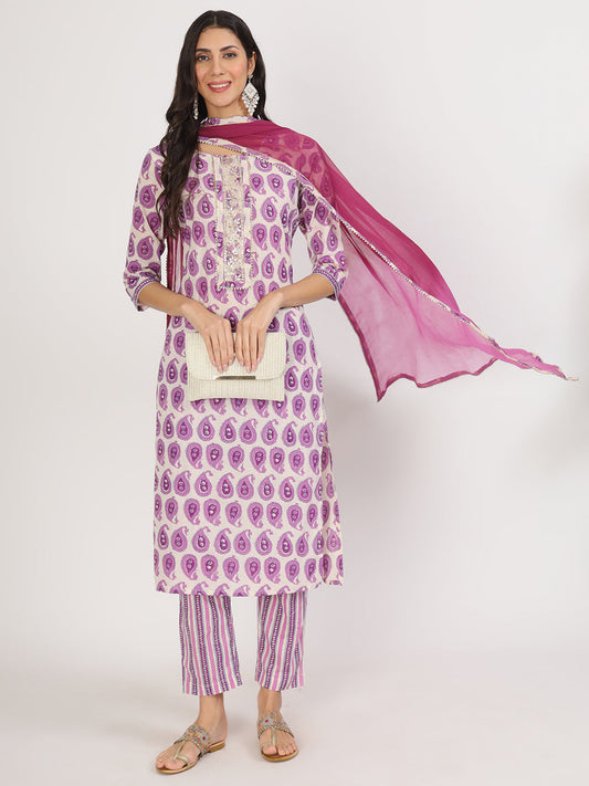Purple Floral Print Cotton Kurta Pant With Dupatta Set For Women | LASVINI - Redefining Indian Fashion with Elegance