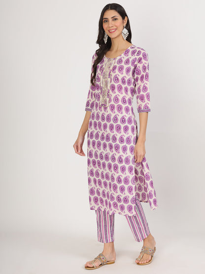 Purple Floral Print Cotton Kurta Pant With Dupatta Set For Women | LASVINI - Redefining Indian Fashion with Elegance