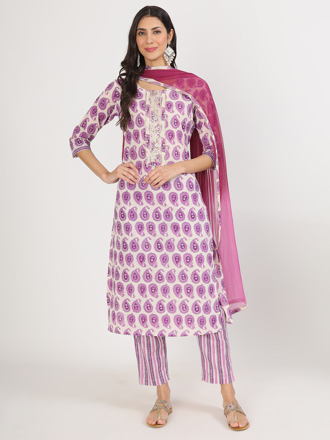 Purple Floral Print Cotton Kurta Pant With Dupatta Set For Women | LASVINI - Redefining Indian Fashion with Elegance