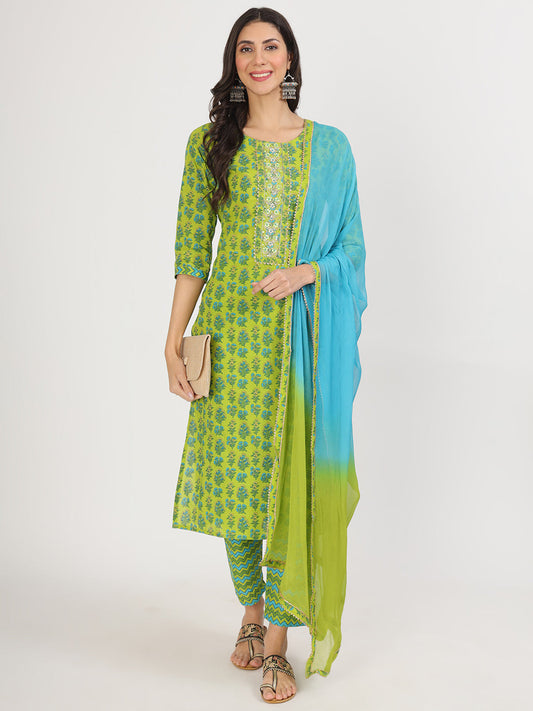 Green Floral Print Cotton Kurta Pants With Dupatta Set For Women | LASVINI - Redefining Indian Fashion with Elegance