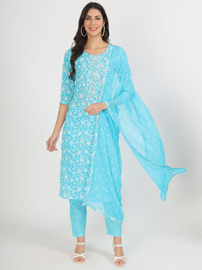 Turquoise Blue Floral Print Cotton Kurta Pants With Dupatta Set For Women | LASVINI - Redefining Indian Fashion with Elegance