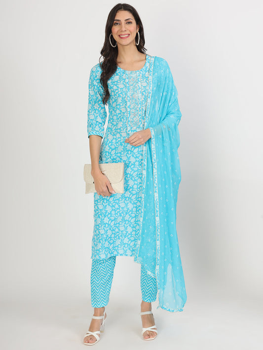Turquoise Blue Floral Print Cotton Kurta Pants With Dupatta Set For Women | LASVINI - Redefining Indian Fashion with Elegance