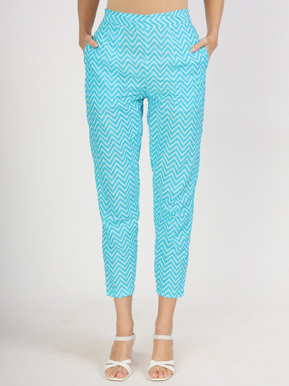 Turquoise Blue Floral Print Cotton Kurta Pants With Dupatta Set For Women | LASVINI - Redefining Indian Fashion with Elegance