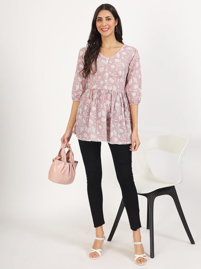 Women Pink Floral Printed Cotton Top | LASVINI - Redefining Indian Fashion with Elegance