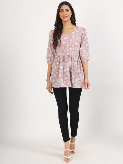 Women Pink Floral Printed Cotton Top | LASVINI - Redefining Indian Fashion with Elegance