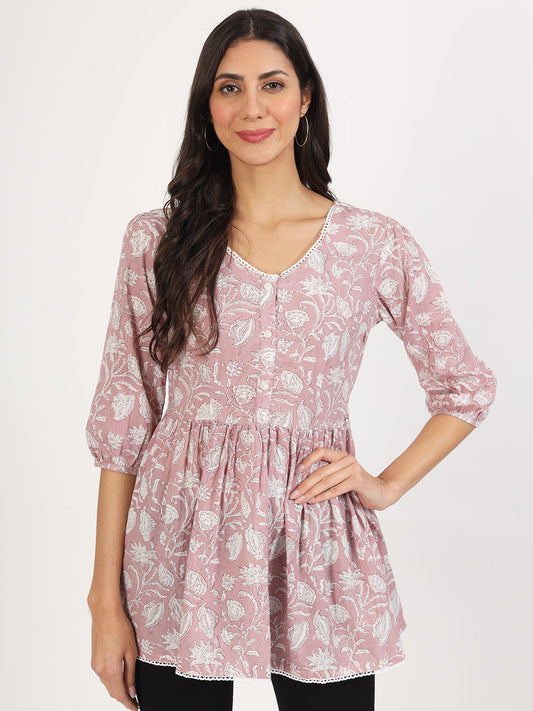 Women Pink Floral Printed Cotton Top | LASVINI - Redefining Indian Fashion with Elegance