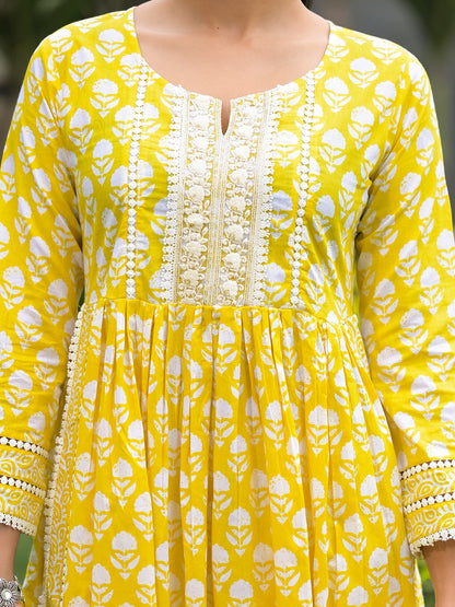 Yellow Floral Print Cotton Kurta Pants With Dupatta Set For Women | LASVINI - Redefining Indian Fashion with Elegance