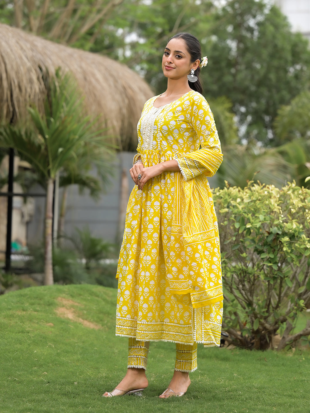 Yellow Floral Print Cotton Kurta Pants With Dupatta Set For Women | LASVINI - Redefining Indian Fashion with Elegance
