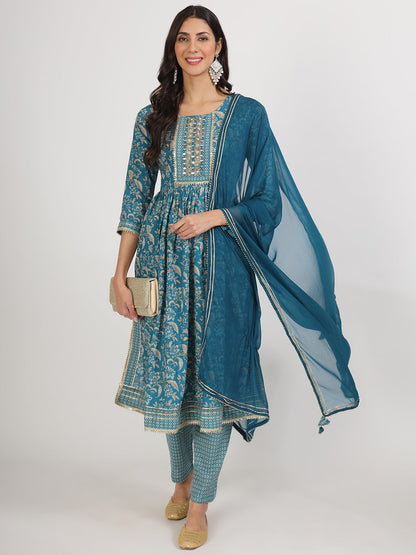 Teal Blue Floral Print Cotton Kurta Pants With Dupatta Set For Women | LASVINI - Redefining Indian Fashion with Elegance