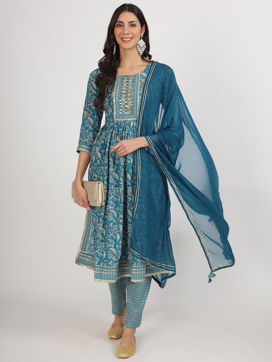 Teal Blue Floral Print Cotton Kurta Pants With Dupatta Set For Women | LASVINI - Redefining Indian Fashion with Elegance