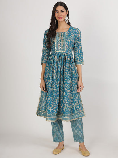 Teal Blue Floral Print Cotton Kurta Pants With Dupatta Set For Women | LASVINI - Redefining Indian Fashion with Elegance