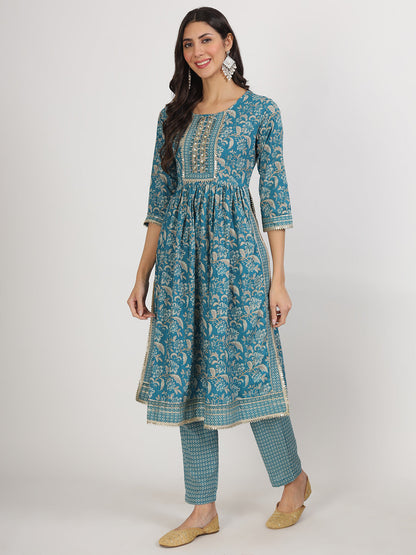 Teal Blue Floral Print Cotton Kurta Pants With Dupatta Set For Women | LASVINI - Redefining Indian Fashion with Elegance