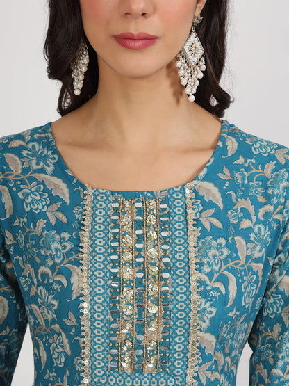 Teal Blue Floral Print Cotton Kurta Pants With Dupatta Set For Women | LASVINI - Redefining Indian Fashion with Elegance