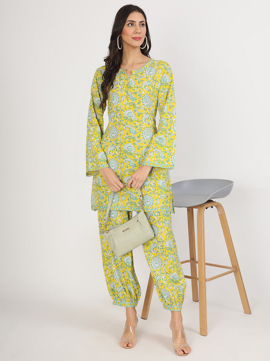 Mustard Floral Print Rayon Co-Ord Set For Women | LASVINI - Redefining Indian Fashion with Elegance