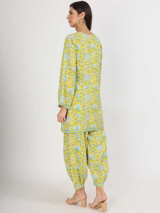 Mustard Floral Print Rayon Co-Ord Set For Women | LASVINI - Redefining Indian Fashion with Elegance