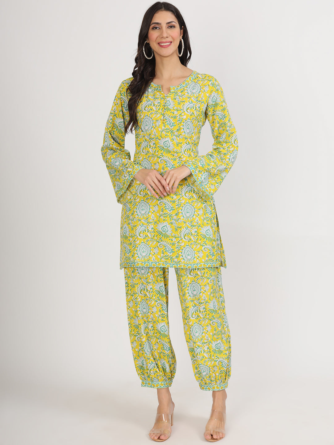 Mustard Floral Print Rayon Co-Ord Set For Women | LASVINI - Redefining Indian Fashion with Elegance