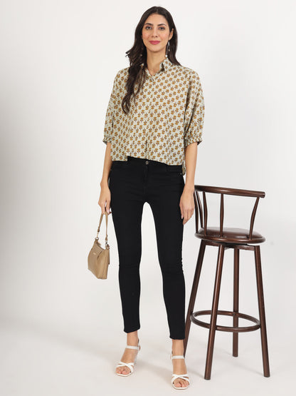 Women Green Floral Printed Cotton Tops | LASVINI - Redefining Indian Fashion with Elegance