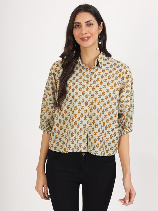 Women Green Floral Printed Cotton Tops | LASVINI - Redefining Indian Fashion with Elegance