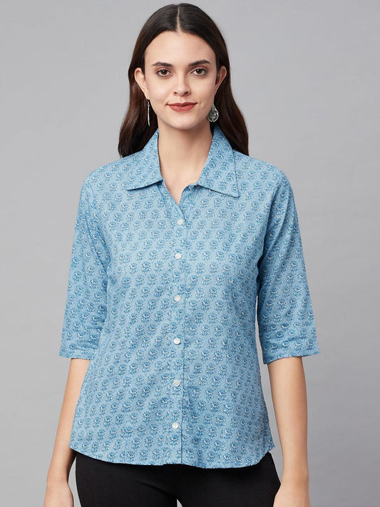 Sky Blue Block Printed Casual Women Shirts | LASVINI - Redefining Indian Fashion with Elegance