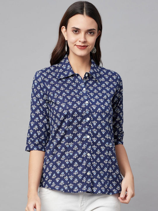 Indigo Block Printed Casual Women Shirts | LASVINI - Redefining Indian Fashion with Elegance