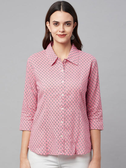 Baby Pink Block Printed Casual Women Shirts | LASVINI - Redefining Indian Fashion with Elegance