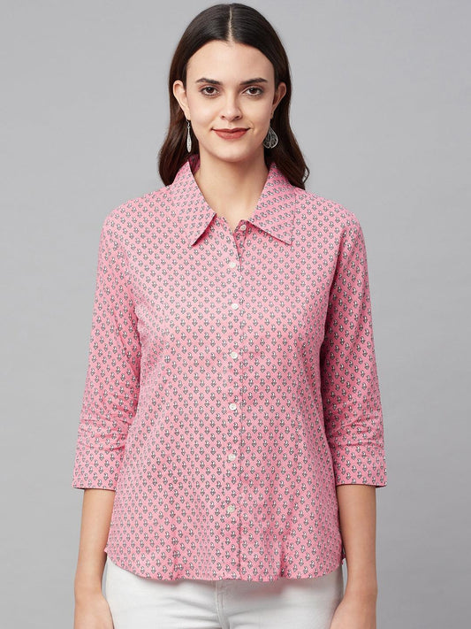 Baby Pink Block Printed Casual Women Shirts | LASVINI - Redefining Indian Fashion with Elegance