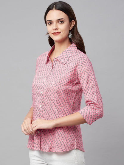 Baby Pink Block Printed Casual Women Shirts | LASVINI - Redefining Indian Fashion with Elegance