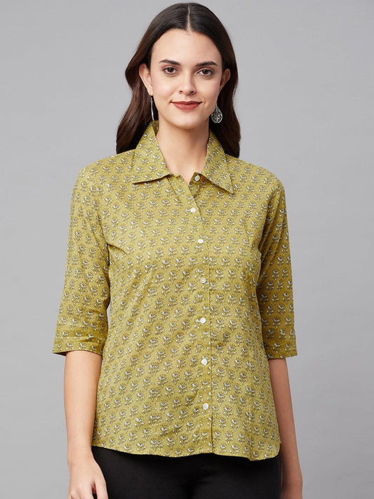Mehndi Green Block Printed Casual Women Shirts | LASVINI - Redefining Indian Fashion with Elegance